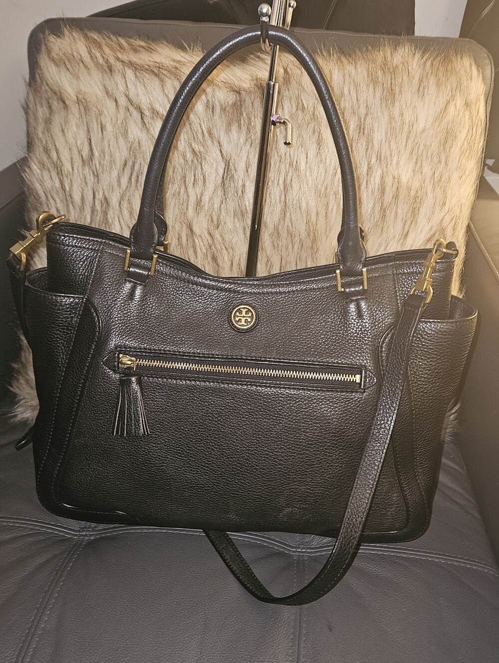 Tory Burch Black Pebbled Leather Shoulder Tote with Tassel